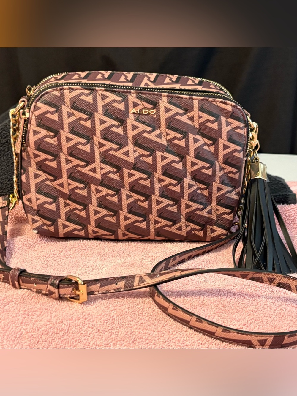 ALDO Onilalina Crossbody Camera Bag w/geometric monogram print & black tassels.
